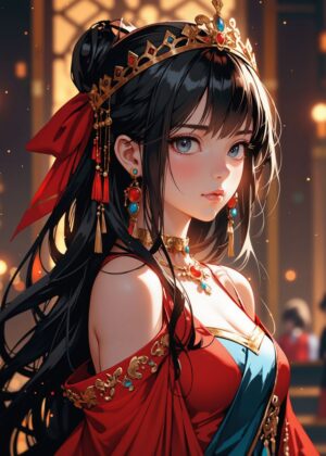Anime Princess Portrait: Elegant Fantasy Art - Premium Wooden Framed Poster. Ready to Hang.