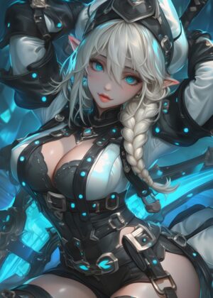 Anime Elf Warrior Waifu: Digital Art Print - Premium Wooden Framed Poster. Ready to Hang.