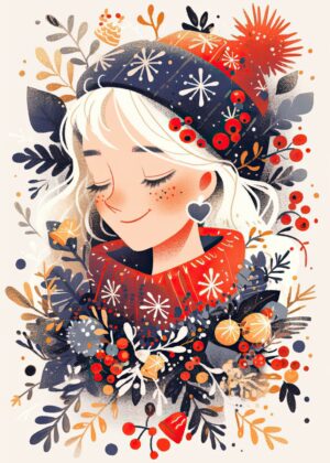 Winter Christmas Girl: Festive Season Illustration - Premium Wooden Framed Poster. Ready to Hang.