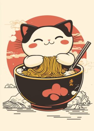 Adorable Cat Ramen Illustration - Premium Wooden Framed Poster. Ready to Hang.