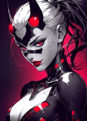 Cyberpunk Oni Girl: Digital Art Print - Premium Wooden Framed Poster. Ready to Hang.