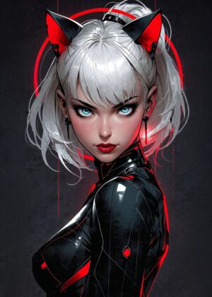 Cyberpunk Cat Girl Art Print - Premium Wooden Framed Poster. Ready to Hang.