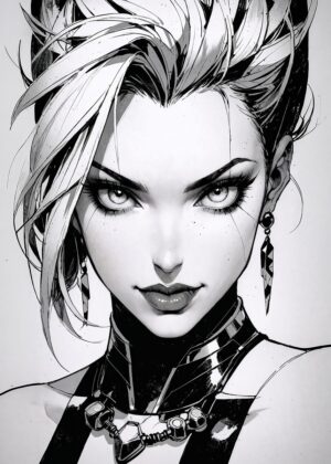 Stunning Black and White Manga Girl Art Print - Premium Wooden Framed Poster. Ready to Hang.