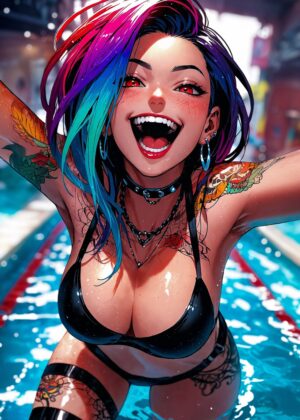 Joyful Anime Girl by the Poolside - Premium Wooden Framed Poster. Ready to Hang.