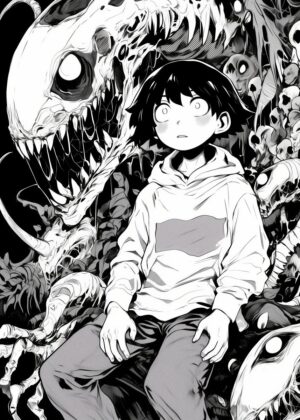 Horror Manga Illustration: Boy Amidst Monstrous Entities - Premium Wooden Framed Poster. Ready to Hang.