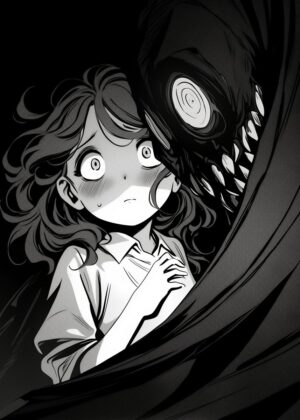Horror Manga Illustration: Girl and Monstrous Entity - Premium Wooden Framed Poster. Ready to Hang.
