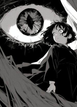Anime Girl and Giant Eye: A Monochrome Masterpiece - Premium Wooden Framed Poster. Ready to Hang.
