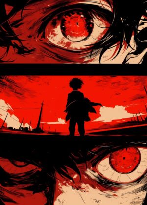 Red Eye Anime Art: Fiery Gaze - Premium Wooden Framed Poster. Ready to Hang.