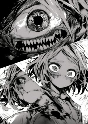 Horror Manga Panel: Nightmarish Encounter - Premium Wooden Framed Poster. Ready to Hang.