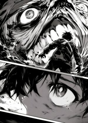 Anime Monster Confrontation: Epic Showdown - Premium Wooden Framed Poster. Ready to Hang.