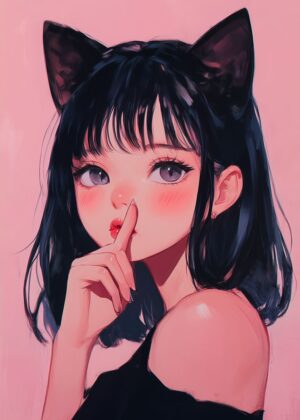Adorable Anime Girl with Cat Ears - Premium Wooden Framed Poster. Ready to Hang.