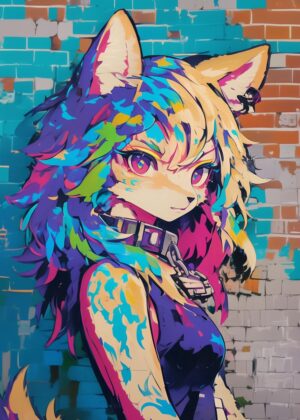 Vibrant Furry Girl Graffiti Art Print - Premium Wooden Framed Poster. Ready to Hang.