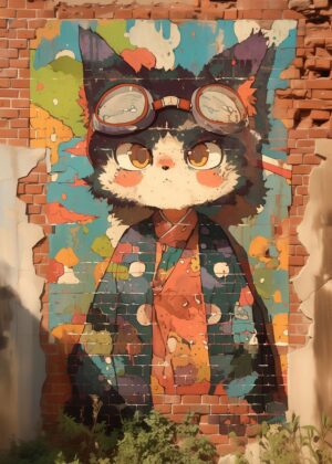 Goggles Cat Mural: Whimsical Street Art Print - Premium Wooden Framed Poster. Ready to Hang.