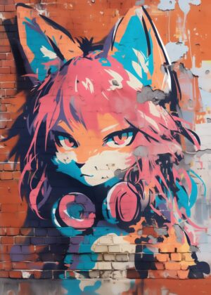Vibrant Furry Graffiti Art: Street Style Meets Anime - Premium Wooden Framed Poster. Ready to Hang.