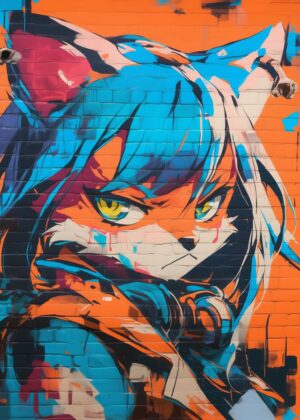 Vibrant Fox Girl Graffiti Art Print - Premium Wooden Framed Poster. Ready to Hang.