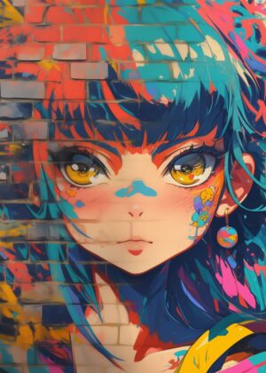 Vibrant Anime Girl Graffiti Wall Art - Premium Wooden Framed Poster. Ready to Hang.
