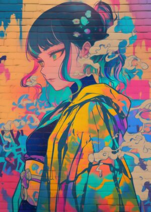 Vibrant Anime Girl Graffiti Art Print - Premium Wooden Framed Poster. Ready to Hang.