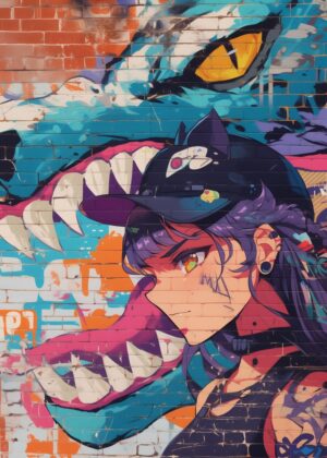 Anime Girl Graffiti Art Print - Premium Wooden Framed Poster. Ready to Hang.