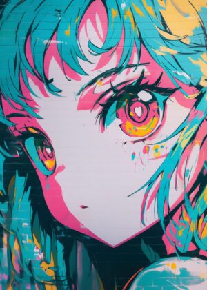Vibrant Anime Girl Graffiti Art Print - Premium Wooden Framed Poster. Ready to Hang.