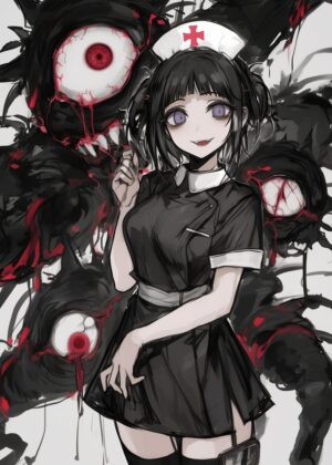 Dark Nurse and Eyes: Gothic Anime Art Print - Premium Wooden Framed Poster. Ready to Hang.