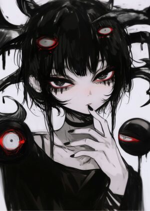 Dark Anime Girl with Mysterious Eyes - Premium Wooden Framed Poster. Ready to Hang.