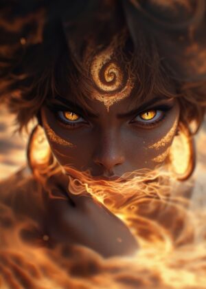 Fiery Woman with Golden Eyes: Digital Art Print - Premium Wooden Framed Poster. Ready to Hang.