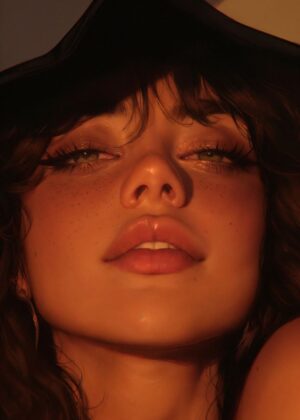 Golden Hour Glow: Close-Up Portrait of a Woman - Premium Wooden Framed Poster. Ready to Hang.