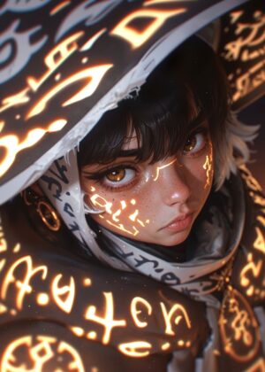 Mystical Girl with Glowing Symbols: Enchanting Digital Art - Premium Wooden Framed Poster. Ready to Hang.