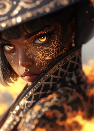 Golden Eyes, Fiery Gaze: A Digital Art Print - Premium Wooden Framed Poster. Ready to Hang.