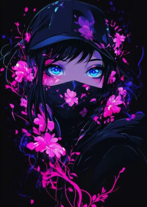 Anime Girl with Neon Flowers - Premium Wooden Framed Poster. Ready to Hang.