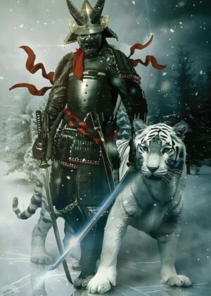 Samurai and White Tiger: A Winter's Embrace - Premium Wooden Framed Poster. Ready to Hang.