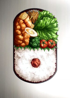 Vibrant Japanese Bento Box Illustration - Premium Wooden Framed Poster. Ready to Hang.