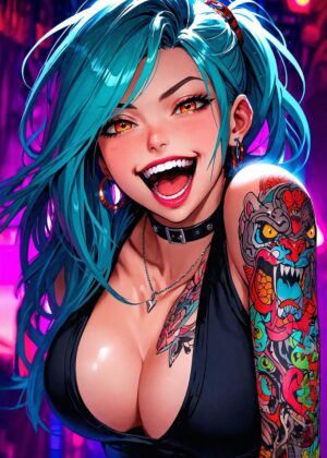 Vibrant Tattooed Anime Girl Art Print - Premium Wooden Framed Poster. Ready to Hang.