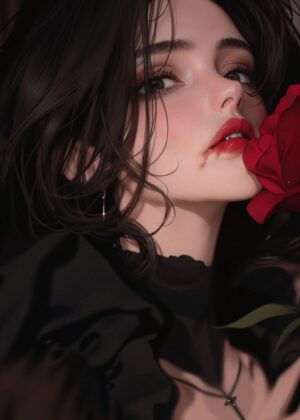 Anime Girl with Red Rose: Dark Beauty Art Print - Premium Wooden Framed Poster. Ready to Hang.