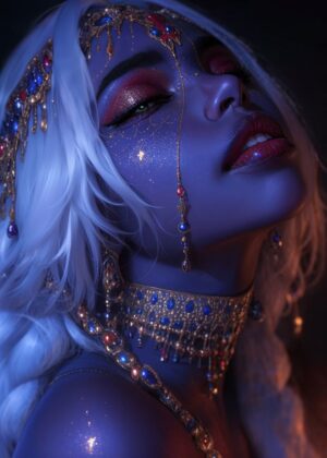 Mystical Blue-Skinned Woman Adorned in Jewels - Premium Wooden Framed Poster. Ready to Hang.