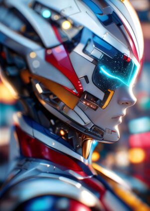 Cyberpunk Robot Head: Futuristic AI Art Print - Premium Wooden Framed Poster. Ready to Hang.