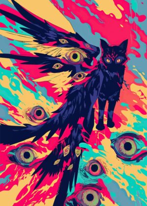 Creepy Weirdcore Cat Angel Print: Surreal Artwork with Multiple Eyes - Premium Wooden Framed Poster. Ready to Hang.