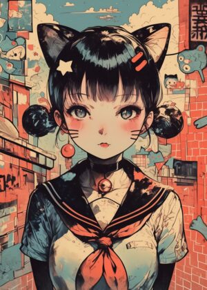 Anime Girl with Cat Ears: Kawaii Street Style - Premium Wooden Framed Poster. Ready to Hang.