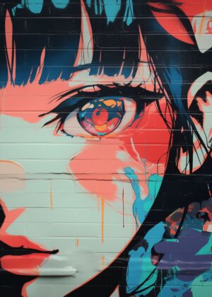 Vibrant Anime Girl Graffiti Art Print - Premium Wooden Framed Poster. Ready to Hang.