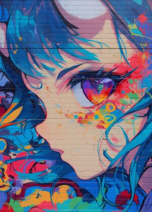 Vibrant Anime Graffiti Mural Art Print - Premium Wooden Framed Poster. Ready to Hang.