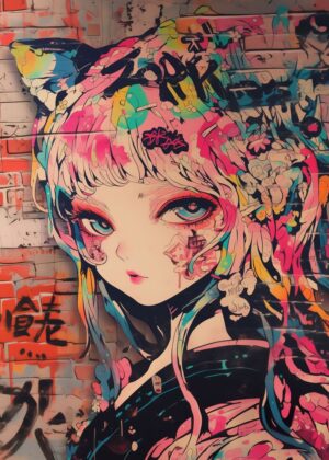 Vibrant Anime Graffiti Girl Art Print - Premium Wooden Framed Poster. Ready to Hang.