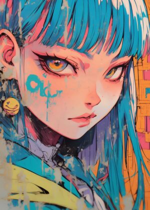 Vibrant Anime Girl with Blue Hair: Digital Art Print - Premium Wooden Framed Poster. Ready to Hang.