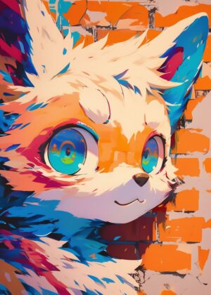 Vibrant Furry Art Print: Big Eyes, Bold Colors - Premium Wooden Framed Poster. Ready to Hang.