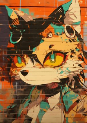 Vibrant Street Art Cat Mural: A Fusion of Urban and Whimsical - Premium Wooden Framed Poster. Ready to Hang.