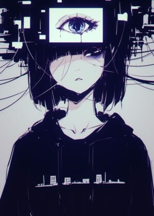 Digital Eye Anime Girl Art Print - Premium Wooden Framed Poster. Ready to Hang.