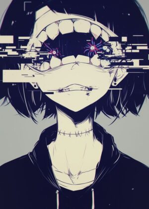 Distorted Anime Girl: A Digital Art Print - Premium Wooden Framed Poster. Ready to Hang.