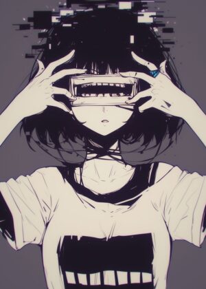 Glitched Anime Girl Art Print - Premium Wooden Framed Poster. Ready to Hang.