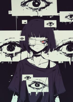 Anime Girl with Eyes: A Disturbingly Beautiful Artwork - Premium Wooden Framed Poster. Ready to Hang.