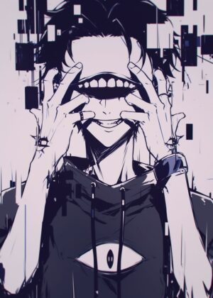 Distorted Smile Anime Art Print - Premium Wooden Framed Poster. Ready to Hang.