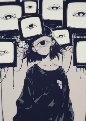 Anime Girl Surrounded by Watching Eyes - Premium Wooden Framed Poster. Ready to Hang.